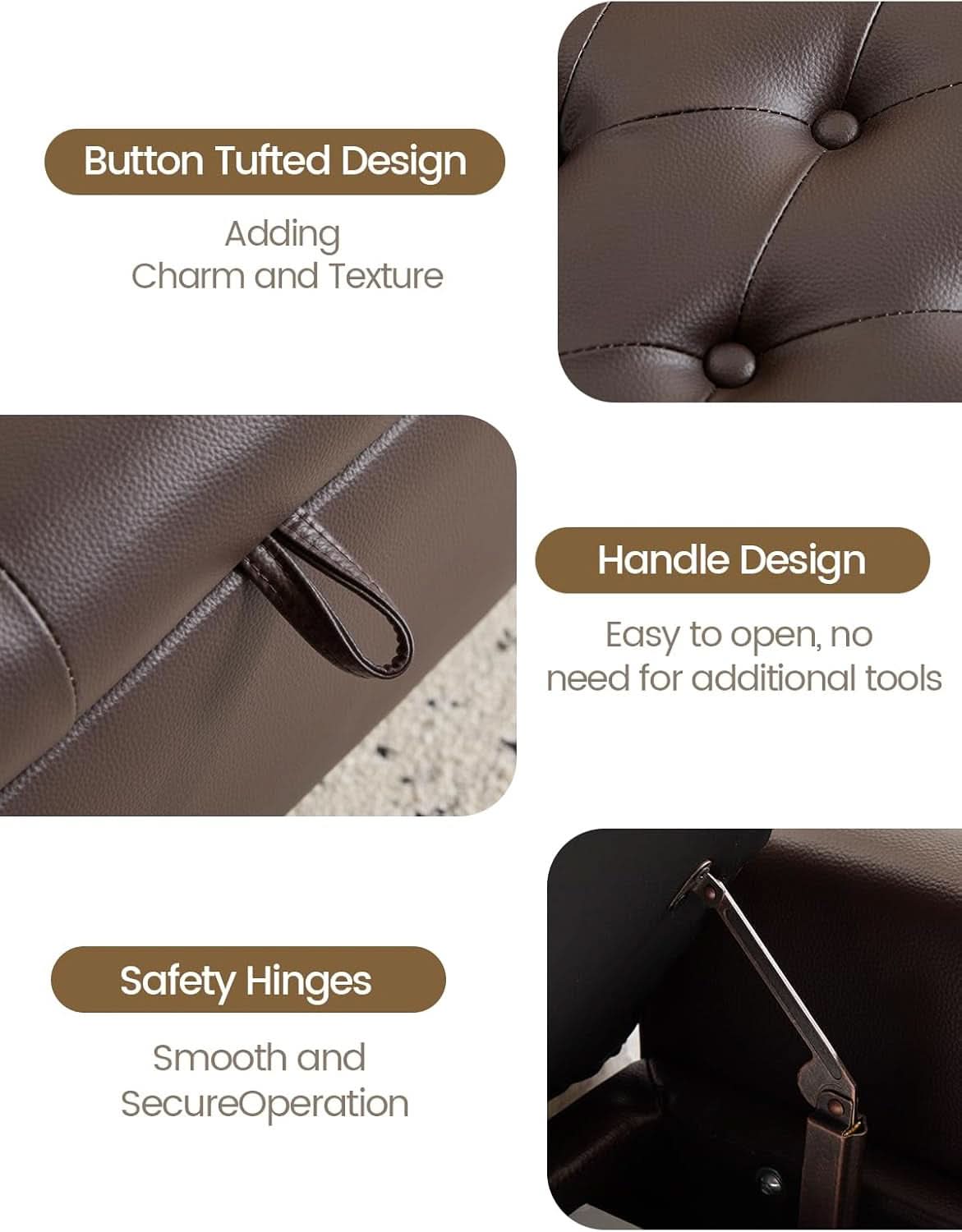 Brown Genuine Leather Storage Ottoman Bench Bedside