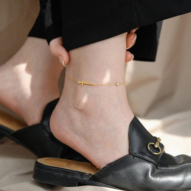 High-end 18K gold-plated cross crystal anklet