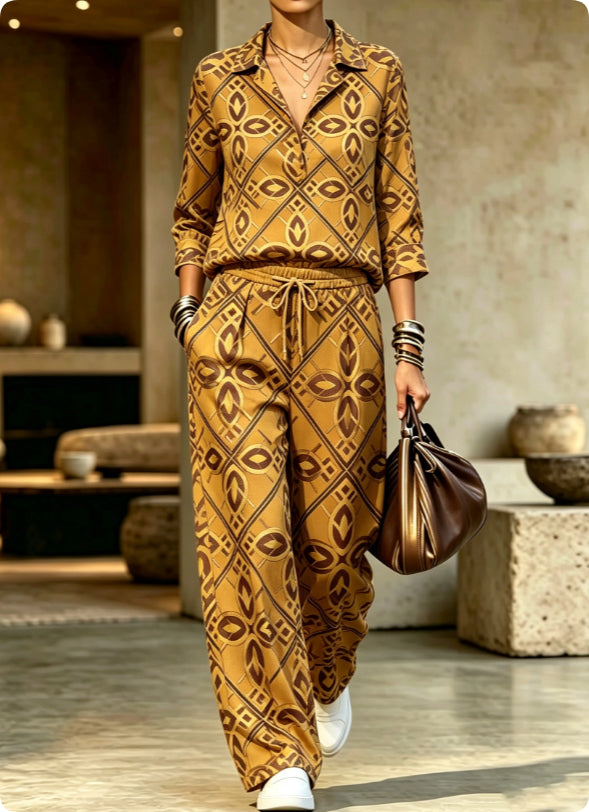 Women's V-Neck Lapel Printed Raglan Three-Quarter Sleeve Cropped Top & Wide-Leg Drawstring Trouser Set