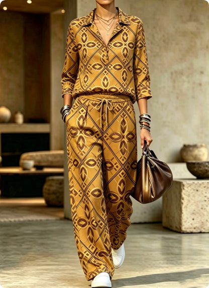 Women's V-Neck Lapel Printed Raglan Three-Quarter Sleeve Cropped Top & Wide-Leg Drawstring Trouser Set