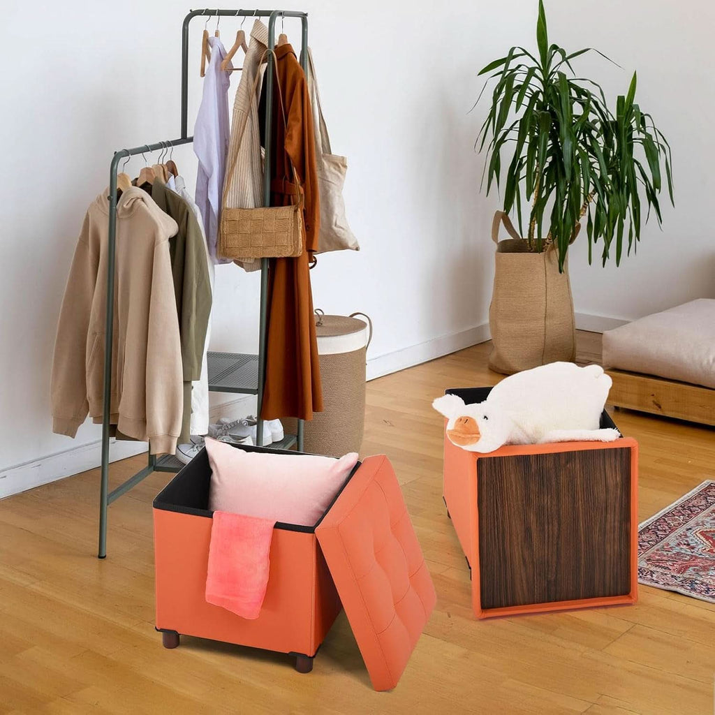 Orange Faux Leather Storage Ottoman With Wooden Tray
