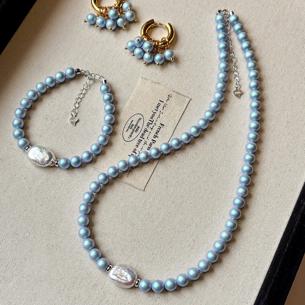 Freshwater Pearl Set: Iridescent Blue Pearl Necklace, Bracelet, and Hoop Earrings
