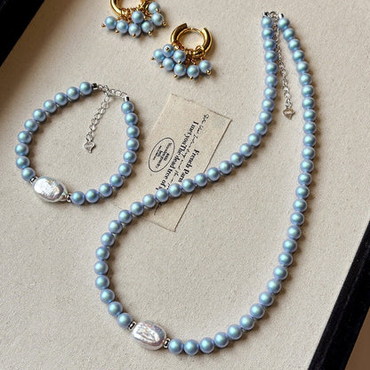 Freshwater Pearl Set: Iridescent Blue Pearl Necklace, Bracelet, and Hoop Earrings