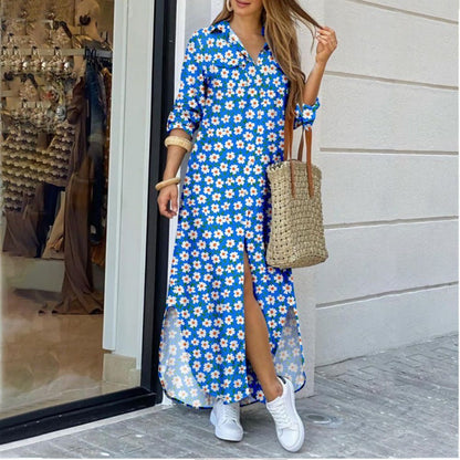Women's Lapel-Collar Long Shirt Dress – Floral Print Midi Relaxed Fit