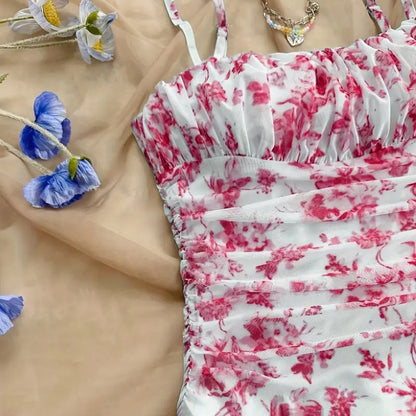 Boho Floral Spaghetti Strap Mini Dress – Ruched Ruffle Hem Vacation Sundress