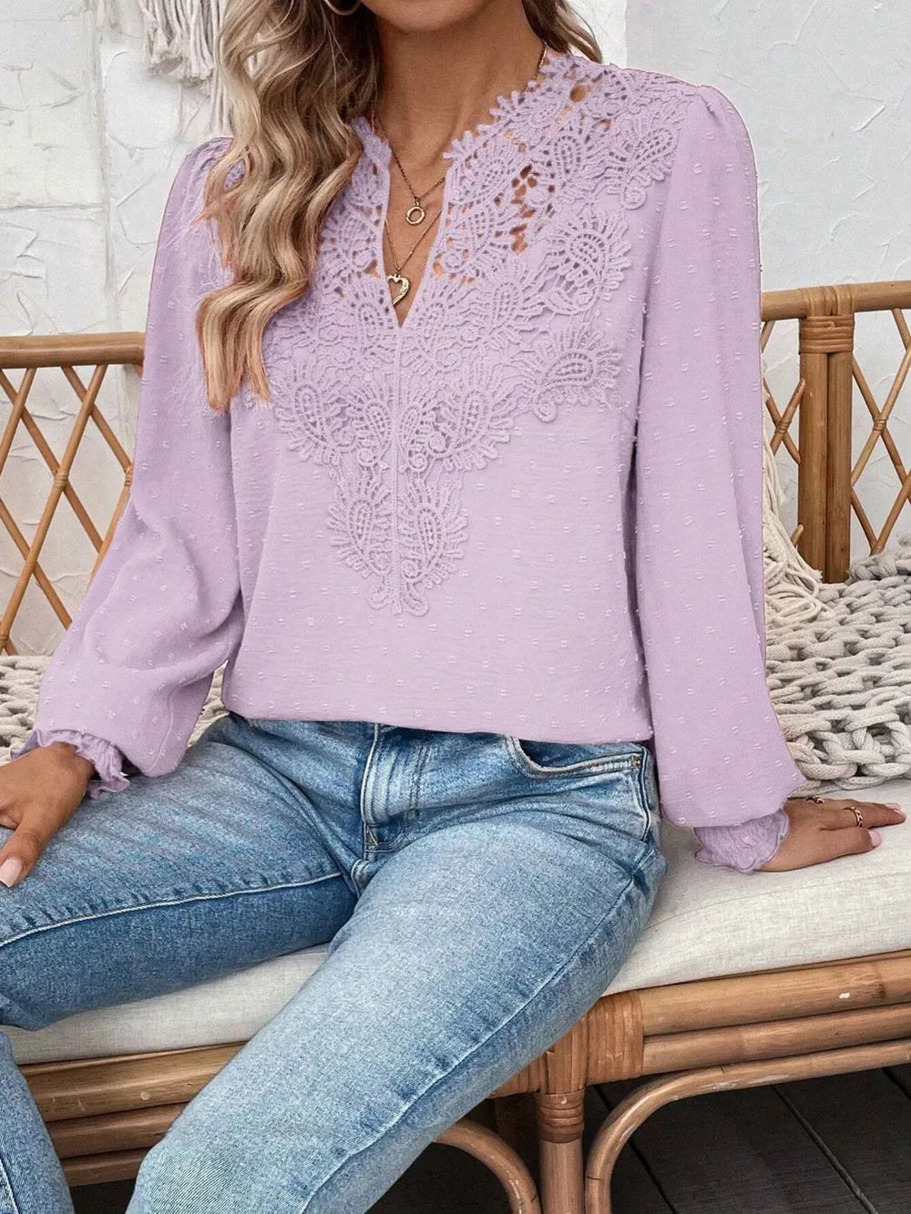 Swiss Dot Lace Detail Notched Long Sleeve Blouse – Feminine Style