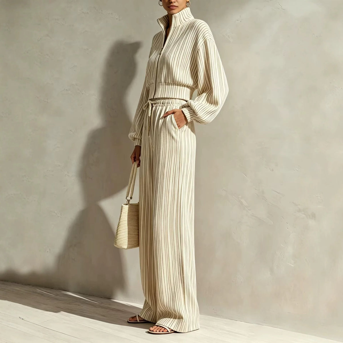 Women's Textured Woven-Stripe Puff-Sleeve Zip Jacket & Wide-Leg Pants Set