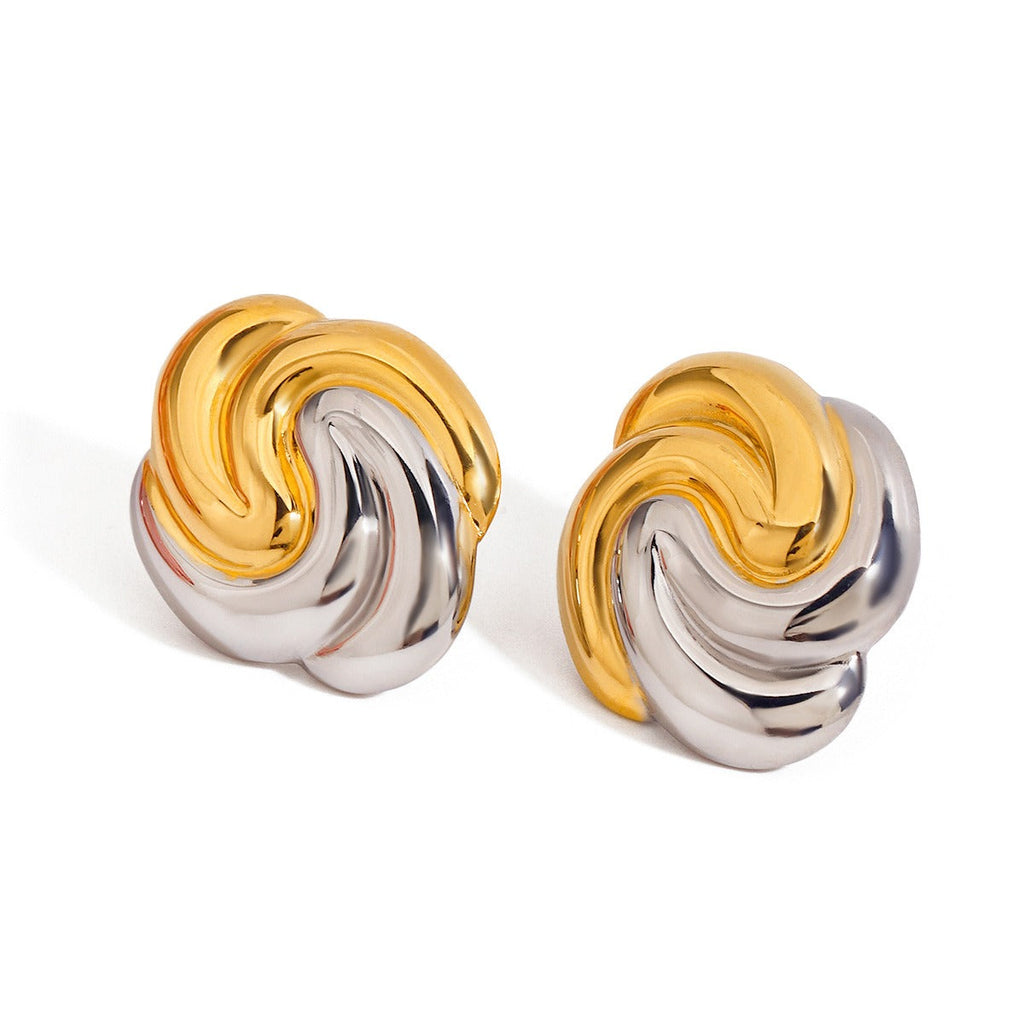 18K gold geometric shape with gold and silver color matching design trendy personality earrings