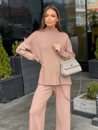 Women's Fine-Knit Mock-Neck Oversized Tunic Top & Wide-Leg Trouser Set