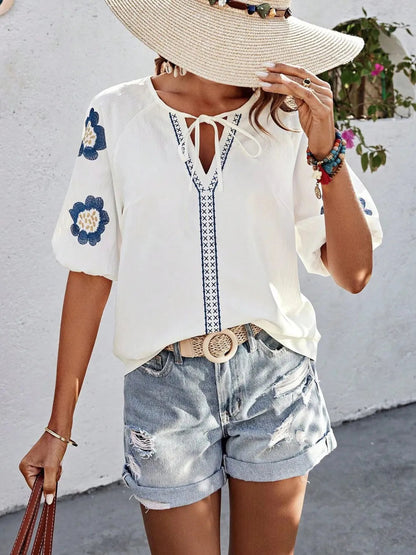 V-Neck Solid Color Loose Long Sleeve Top – Embroidered Tie Detail