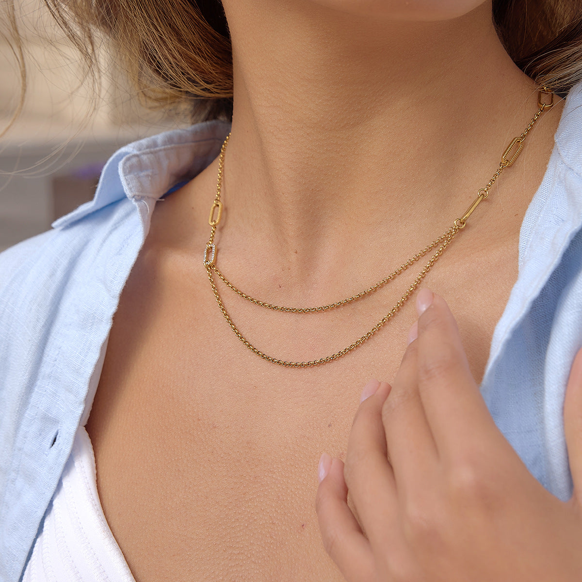 Layered Stainless Steel Zircon Necklace