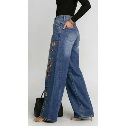 Women's Metal Eyelet High Waist Loose Wide-Leg Jeans – Light Blue, Black, Dark Blue