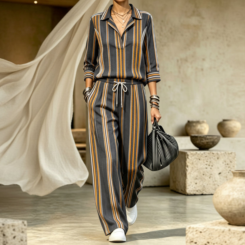Women's V-Neck Lapel Printed Raglan Three-Quarter Sleeve Cropped Top & Wide-Leg Drawstring Trouser Set