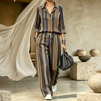 Women's V-Neck Lapel Printed Raglan Three-Quarter Sleeve Cropped Top & Wide-Leg Drawstring Trouser Set