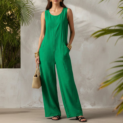 Linen Blend Sleeveless Stand-Collar Jumpsuit – 5 Colors S–3XL
