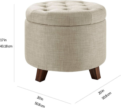 Beige Linen Round Storage Ottoman Featuring Tufting