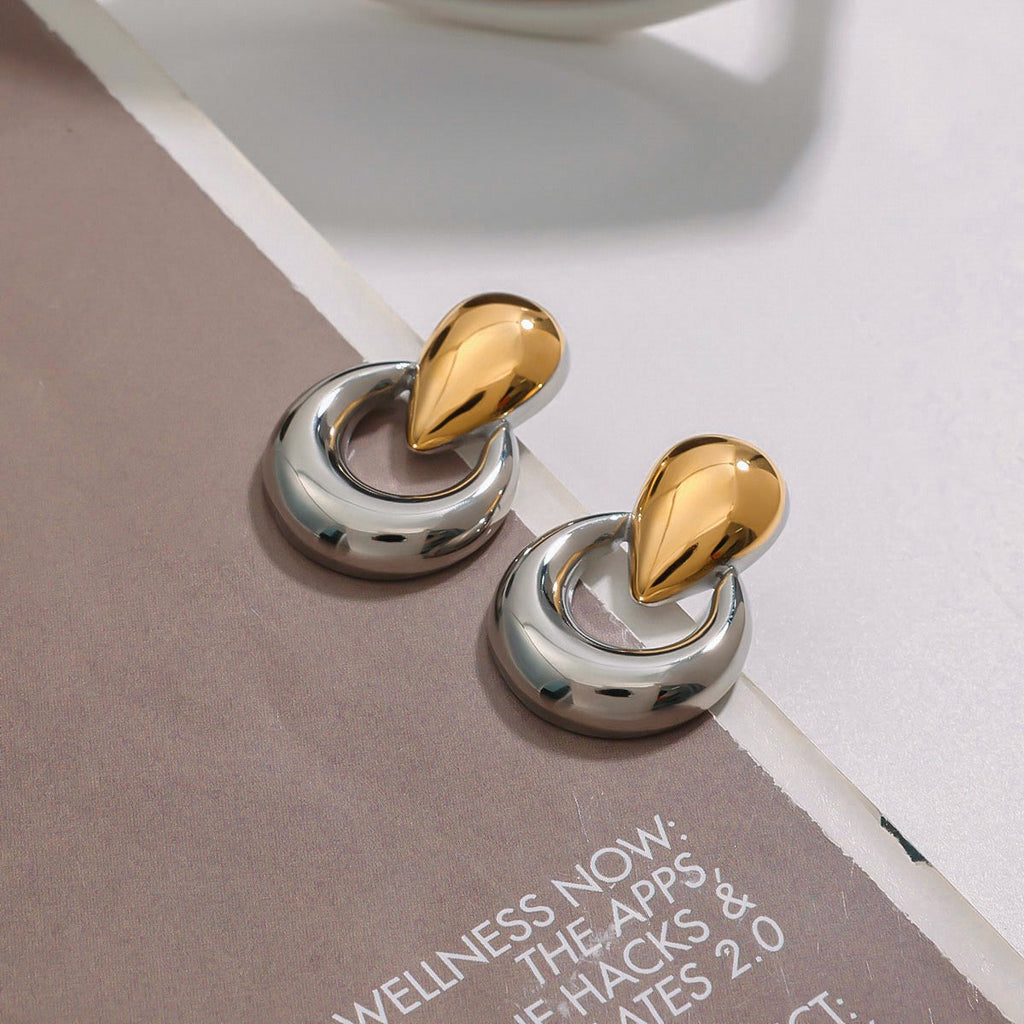 18K gold U-shaped and teardrop-shaped earrings with gold and silver color matching design, trendy and unique