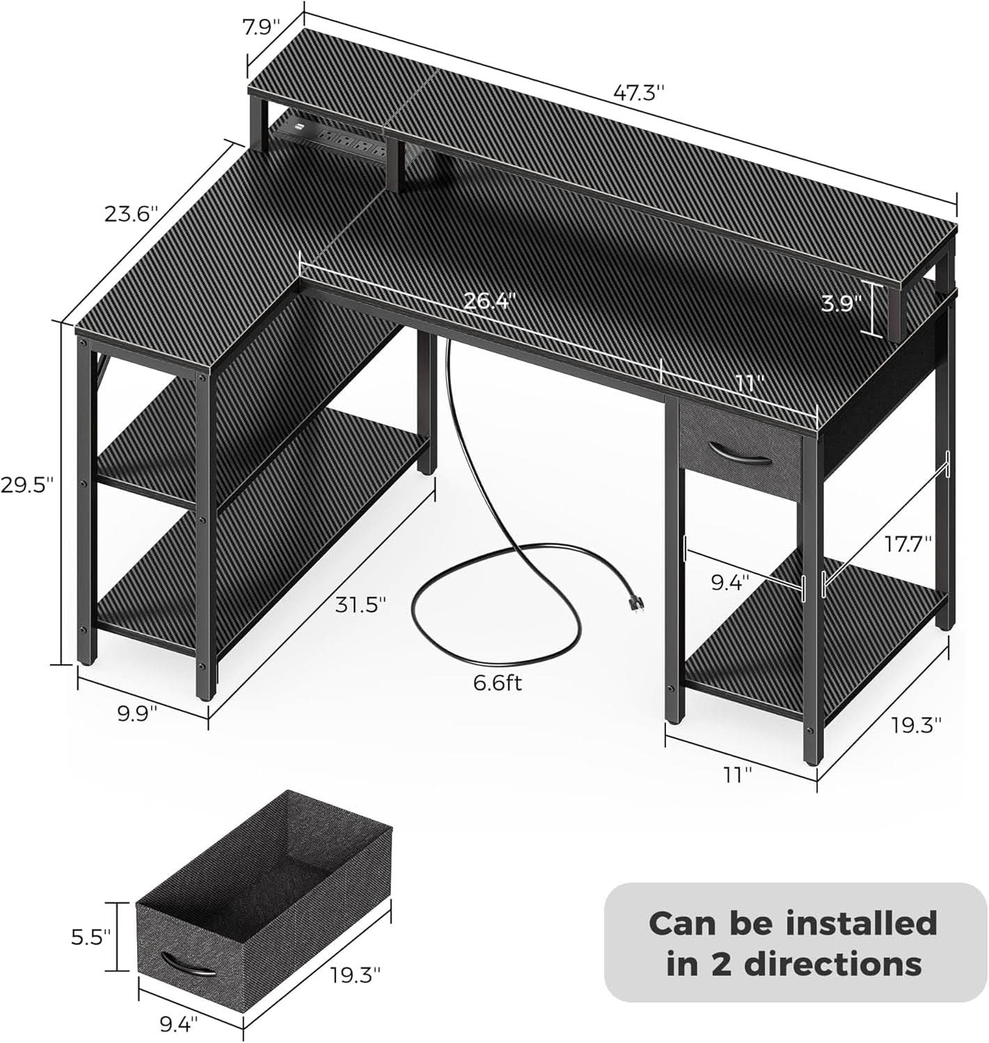 47 Inch L Shaped Gaming Computer Desk Power Outlets Plus