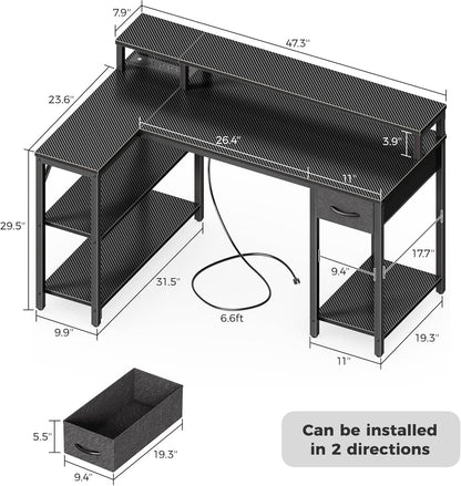 47 Inch L Shaped Gaming Computer Desk Power Outlets Plus
