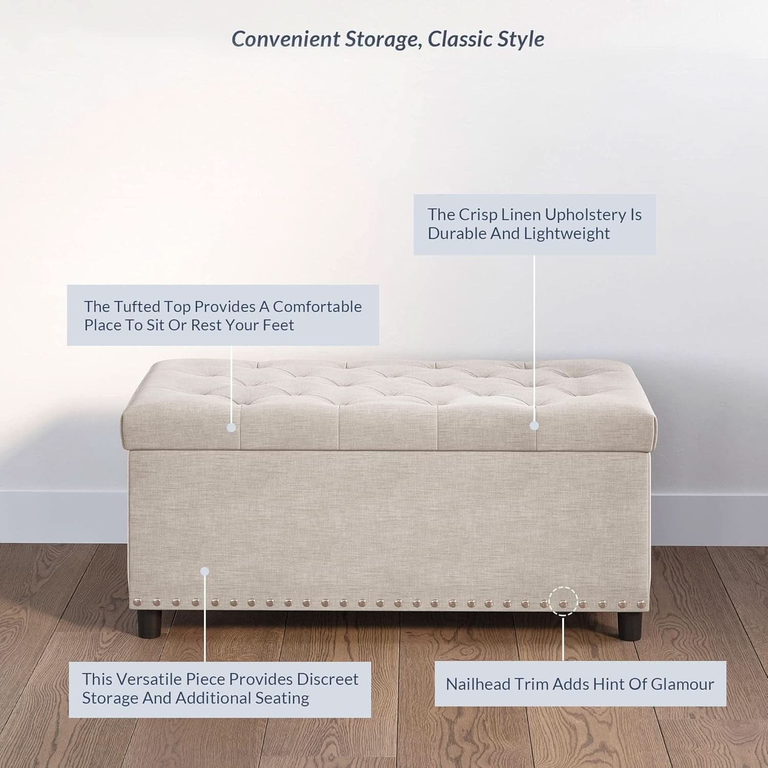 Rectangular Thirty Five Inch Beige Tufted Storage Ottoman Upholstered