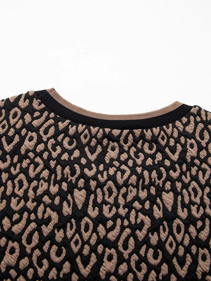 Leopard Print Puffy Bracelet Sleeve Contrast Trim Round Neck Top