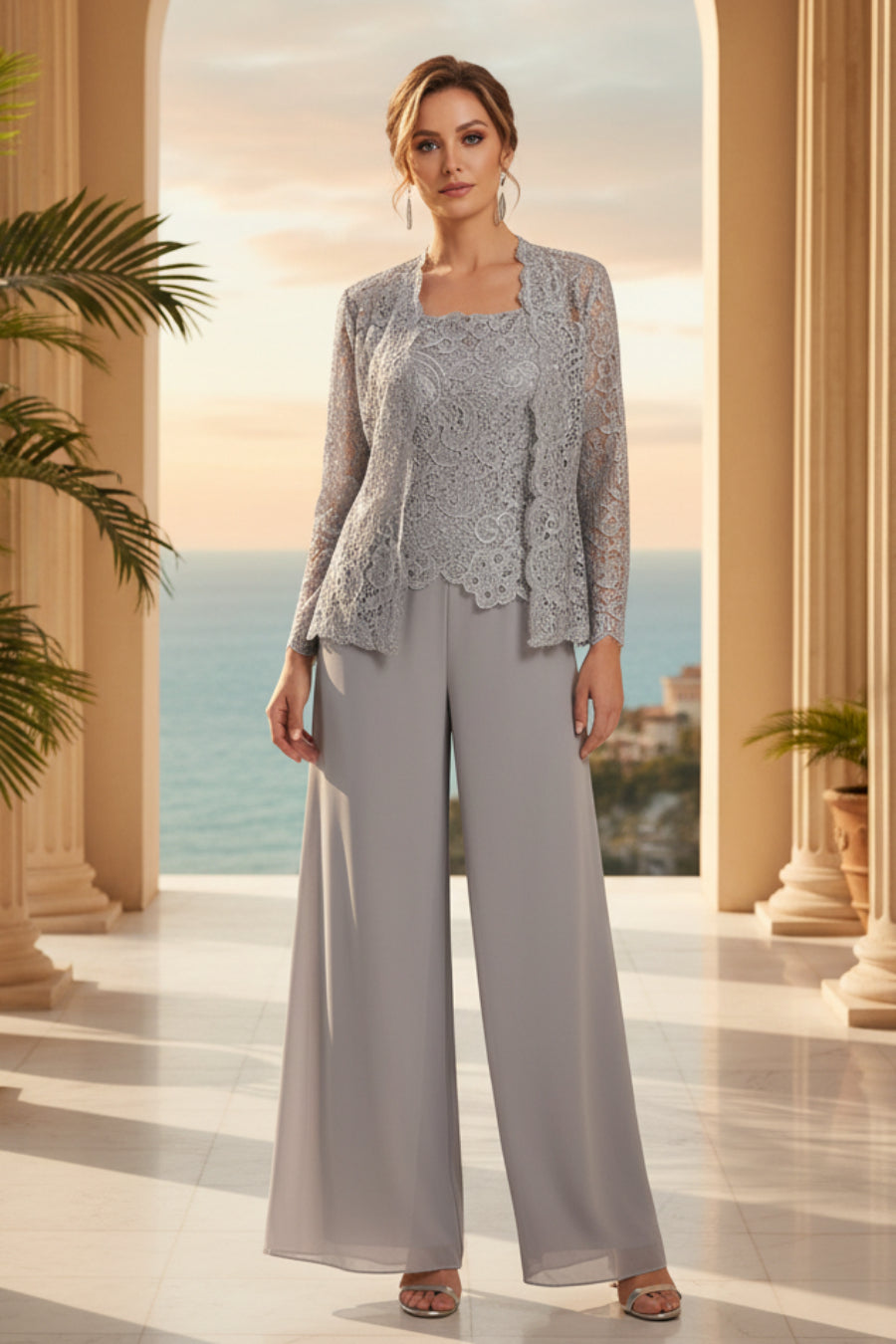 Women's Floral Lace Jacket & Top & Chiffon Wide-Leg Pants Three-Piece Formal Set – 12 Colors US0–14