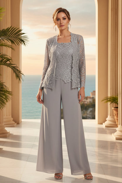 Women's Floral Lace Jacket & Top & Chiffon Wide-Leg Pants Three-Piece Formal Set – 12 Colors US0–14