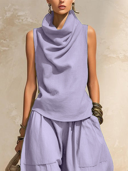Women's Draped Cowl-Neck Sleeveless Top & Voluminous Balloon Lantern Trouser Set