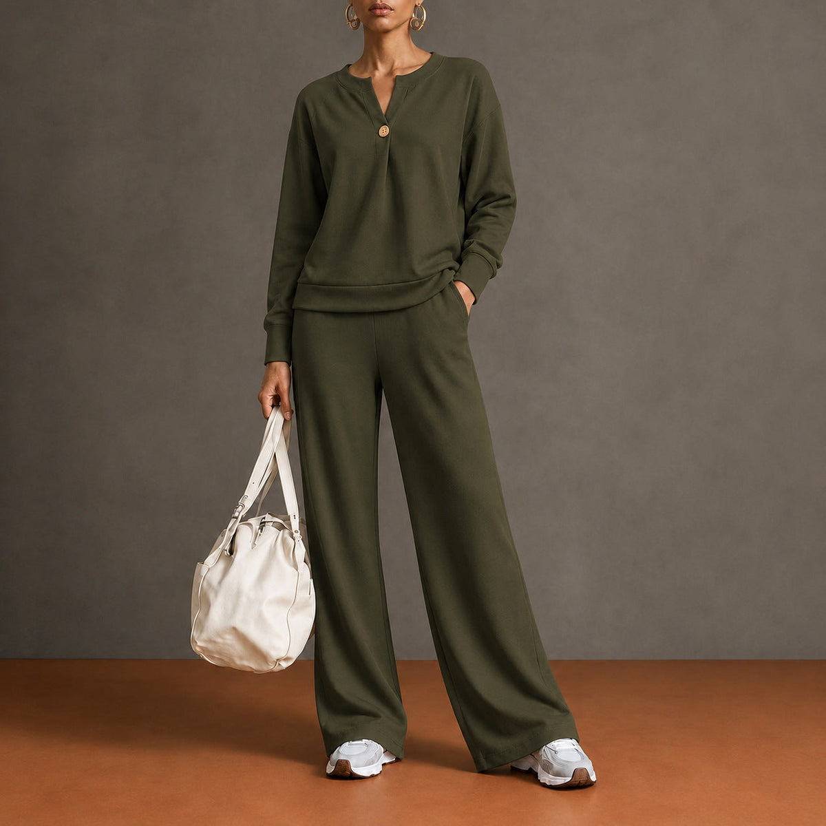 Women's Single-Button Split-Neck Sweatshirt & Wide-Leg Pants Set