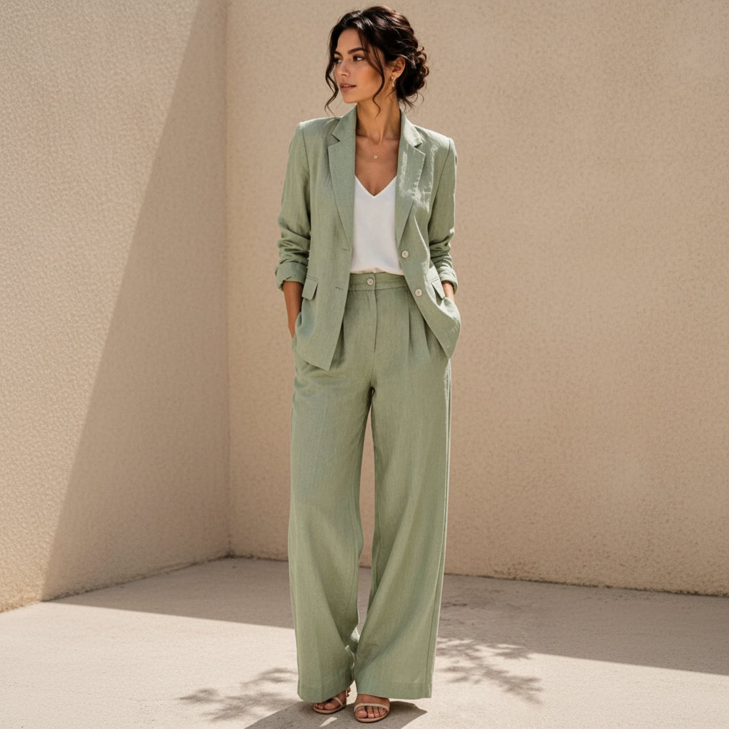 Women's Linen-Look Oversized Double-Breasted Blazer & Wide-Leg Pleated Trouser Suit Set