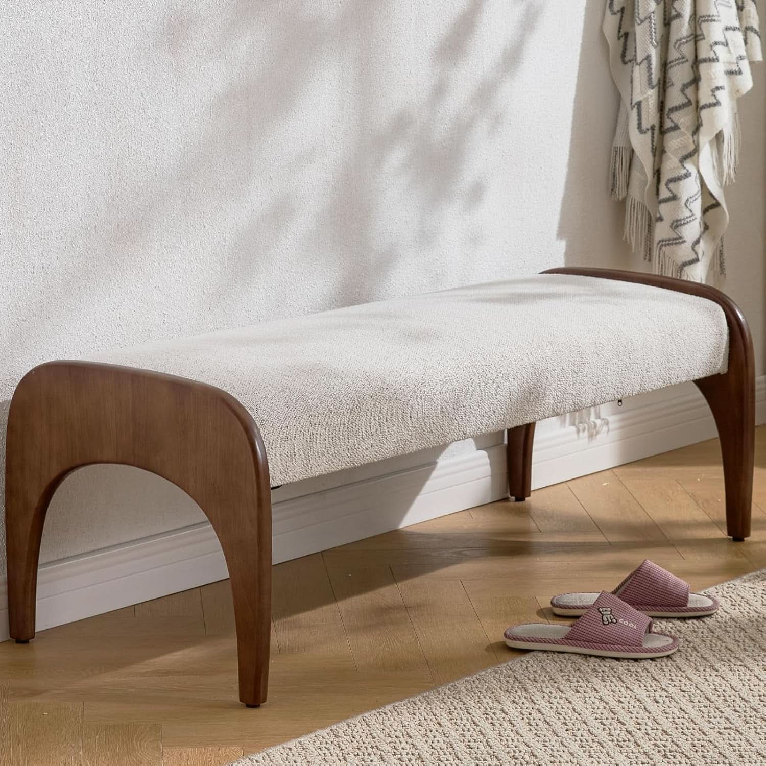 51-Inch Wide Ottoman Bench Beige Sherpa Upholstery
