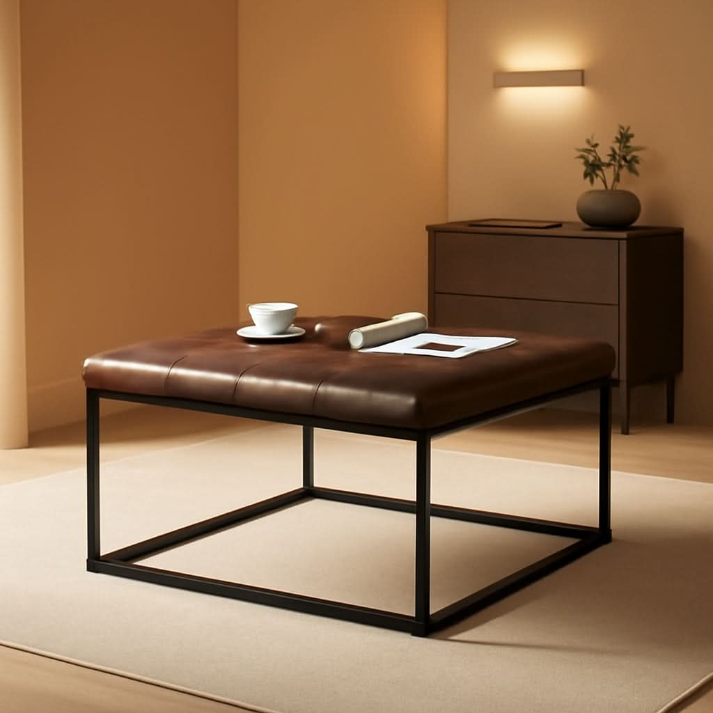Yellowish-Brown Faux Leather Ottoman Coffee Table Sturdy