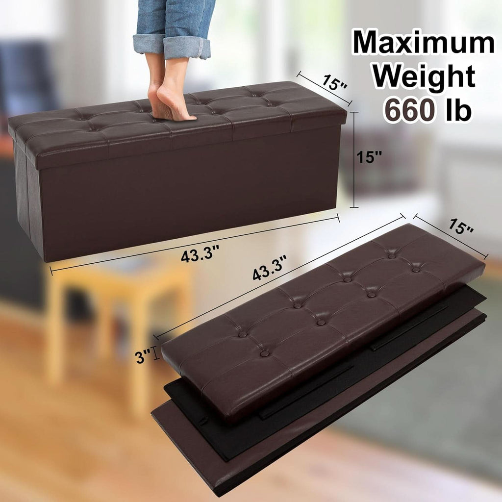 Forty Three Inches Folding Storage Ottoman Bench Brown Leather