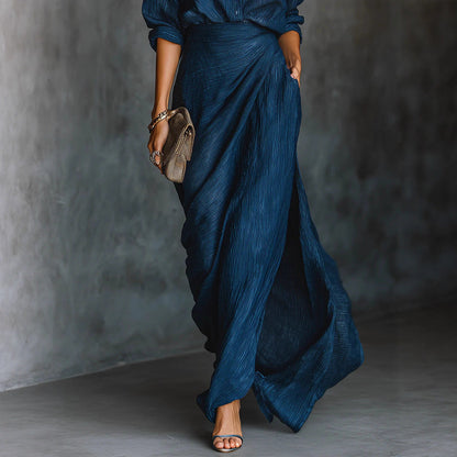 Women's Two-Piece Pleated Shirt & Draped Wrap Maxi Skirt Set – Long Sleeve Button Top