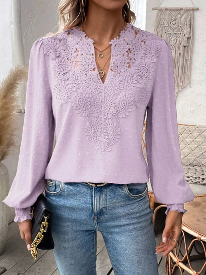 Swiss Dot Lace Detail Notched Long Sleeve Blouse – Feminine Style