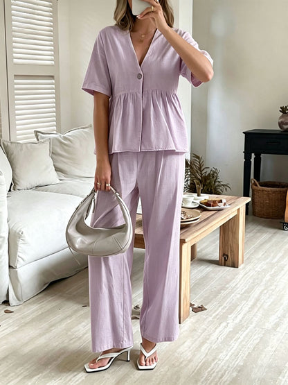 Women's V-Neck Loose Short-Sleeve Top & Wide-Leg Pants Set