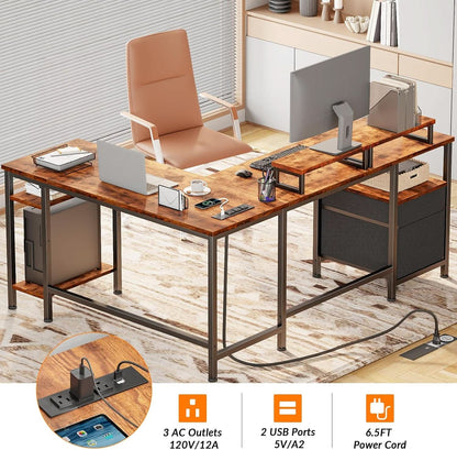 Industrial Grade Ultra Rustic Brown Fifty Nine Inch L Shaped Desk Power Outlet