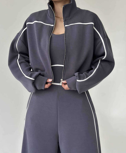 Women's Contrast-Piped Wide-Leg Jumpsuit & Cropped Zip Jacket Set