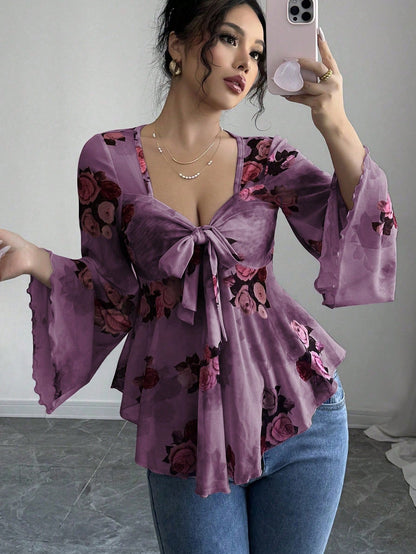 Floral Ombré Tie-Back Square Neck Long Sleeve Blouse – Sweet Style