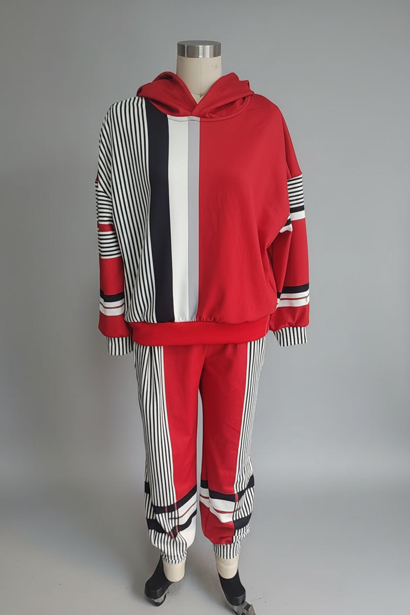 Women's Oversized Color-Block Stripe-Panel Hoodie & Jogger Pants Tracksuit Set