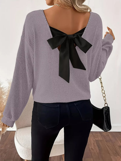 Full Size Ribbed Knit Backless Bow T-Shirt Plus Size