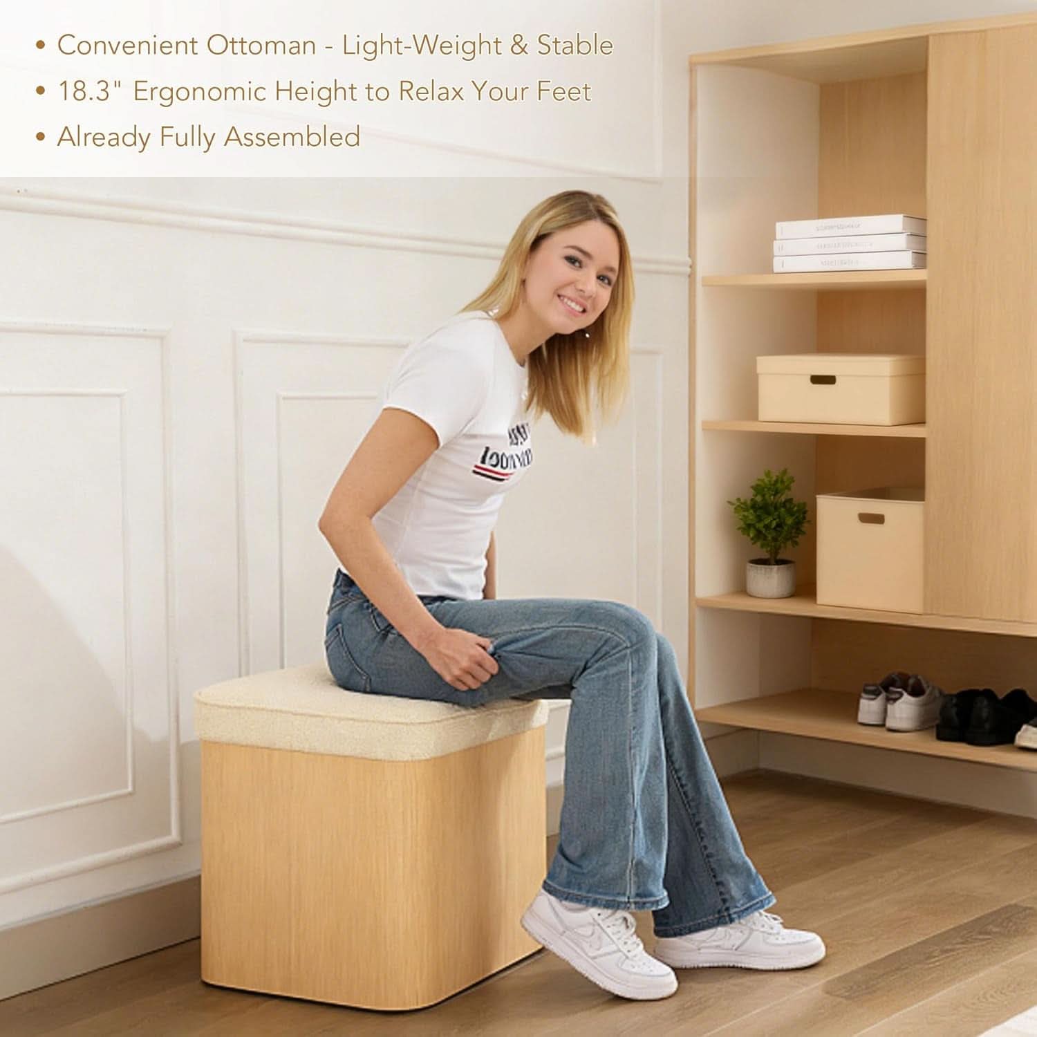Beige Linen Upholstered Storage Ottoman With Footrest