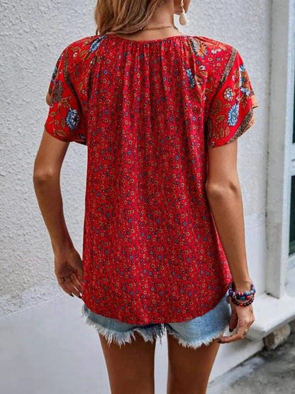 Printed Tie Neck Short Sleeve Blouse – Feminine Everyday Style