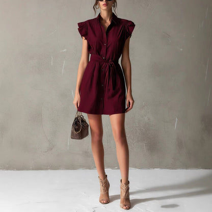 Women's Drop-Shoulder Polo Neck Lace-Up Mini Dress – Slim Fit