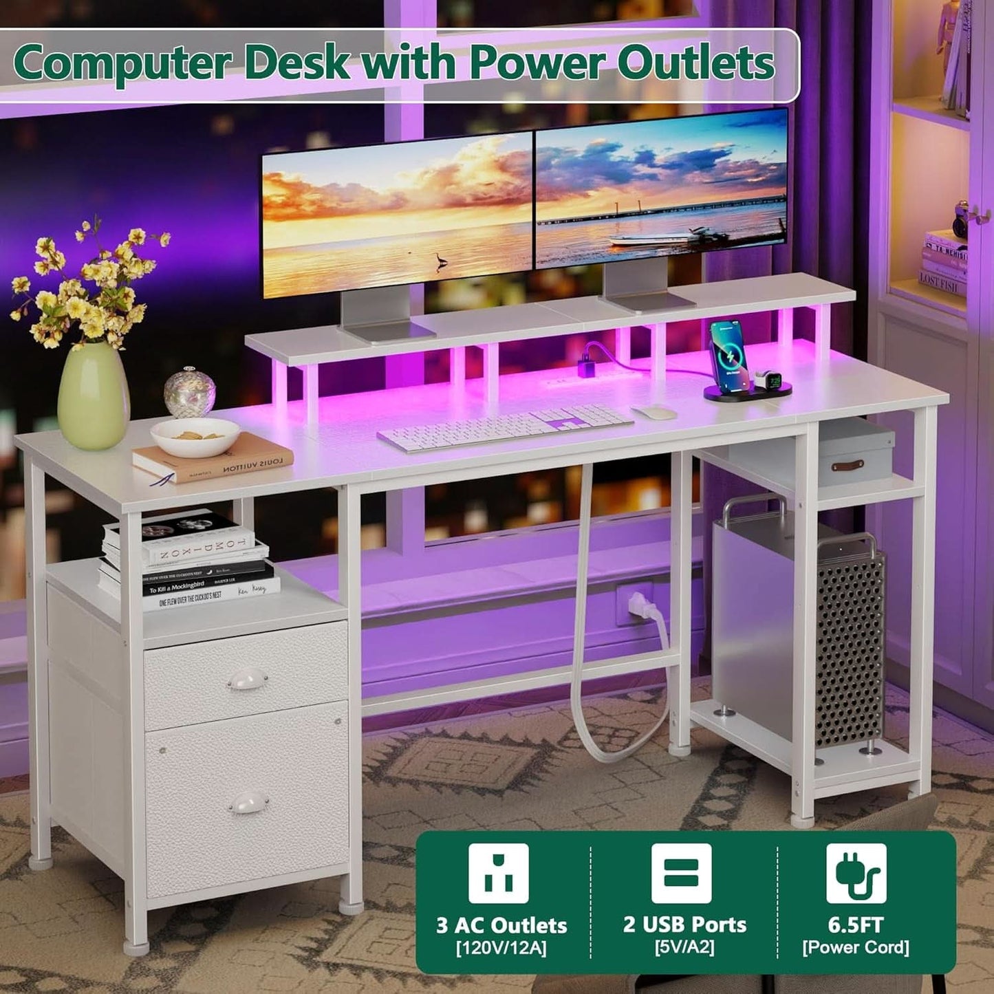 Sixty One Inch Computer Desk LED Illumination White Finish