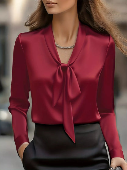 Satin Tie Front Long Sleeve Blouse