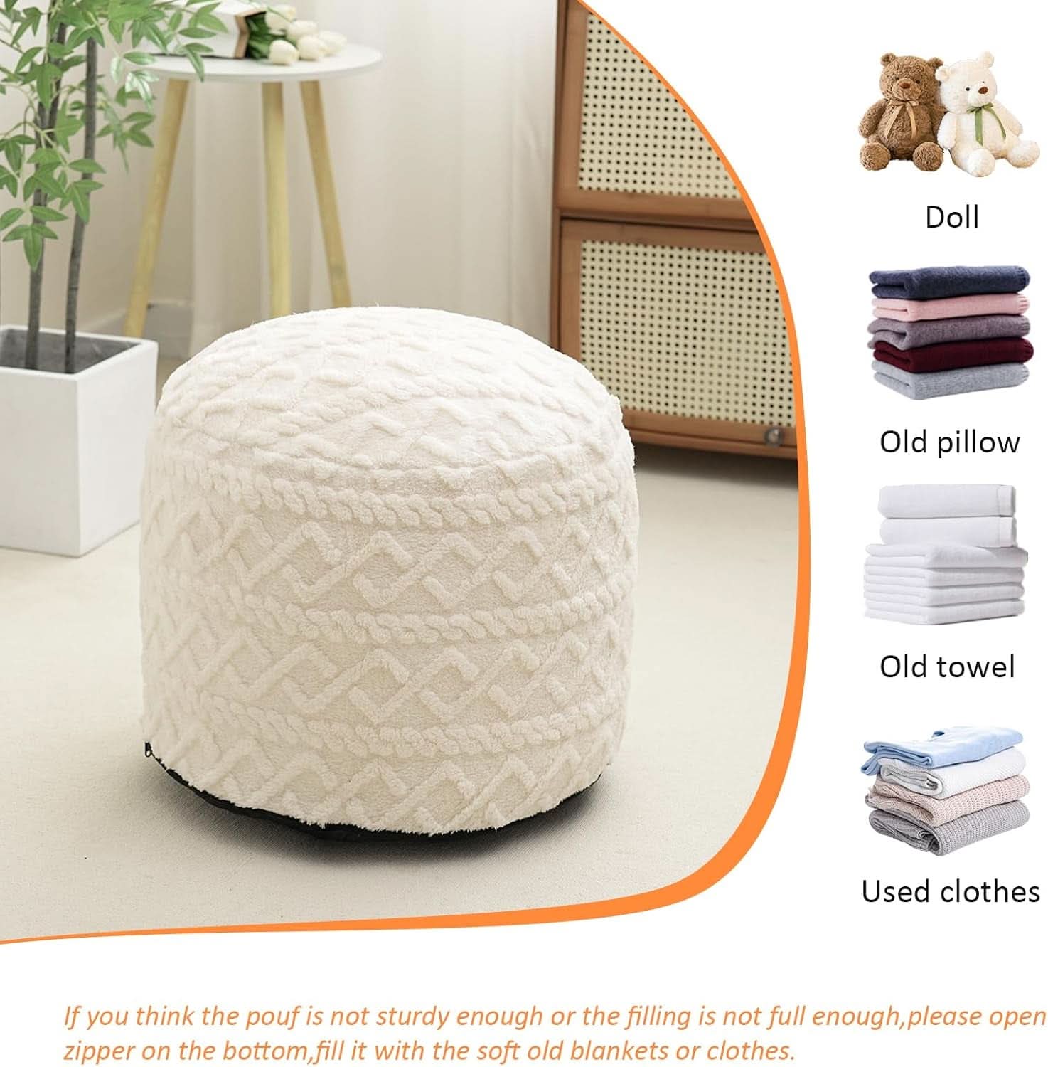 Beige Velvet Texture FauxFur Memory Foam Round Ottoman