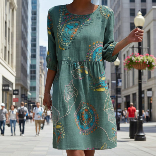 Women's 3D Floral Print Long-Sleeve A-Line Dress – Crew Neck Loose Fit