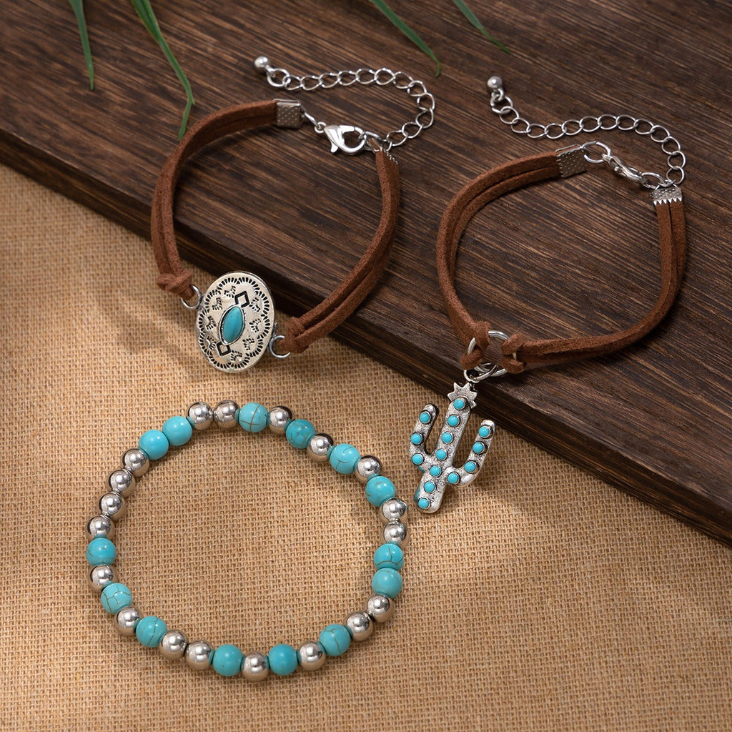 Imitation Turquoise Cactus Tag Bracelet Set