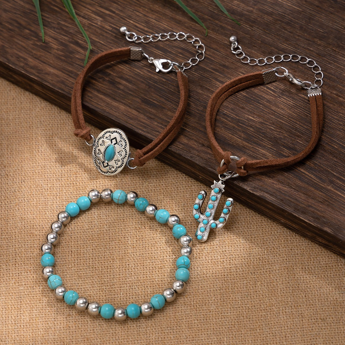 Imitation Turquoise Cactus Tag Bracelet Set